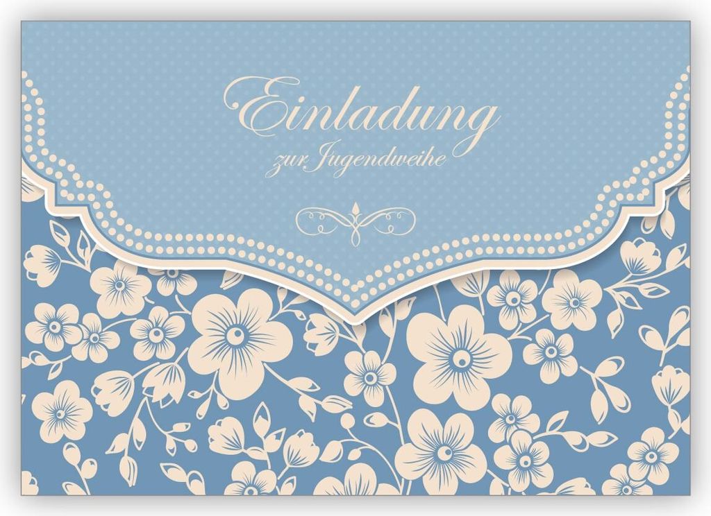 4x Nette Mädchen Einladungskarte mit Retro Kirschblüten Muster, hellblau: Einladung zur Jugendweihe