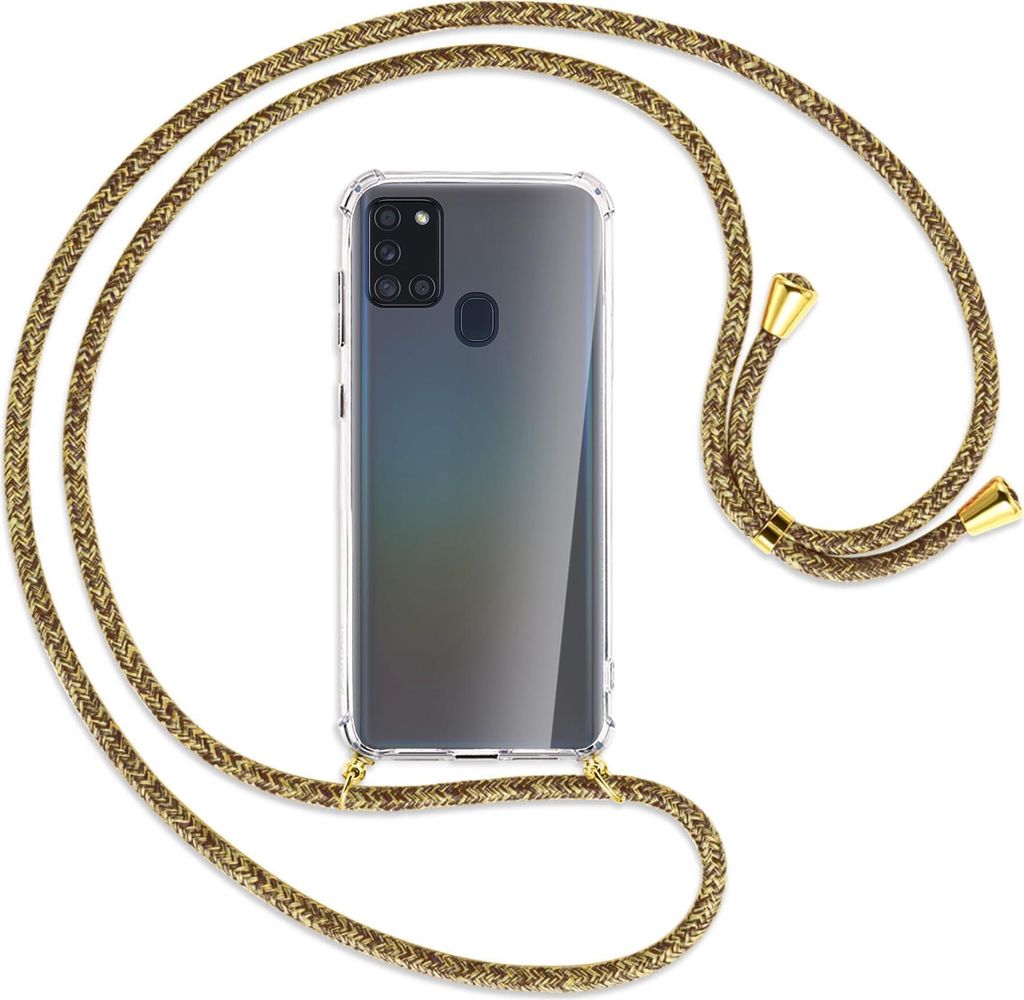 Handykette Backcover-Schutzhülle mit Band (Metall goldfarben) für Samsung Galaxy A21s - braun+beige