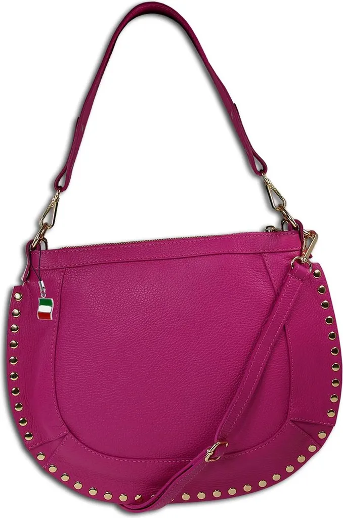 Sac bandoulière femme en cuir rose style besace de selle avec rivets
