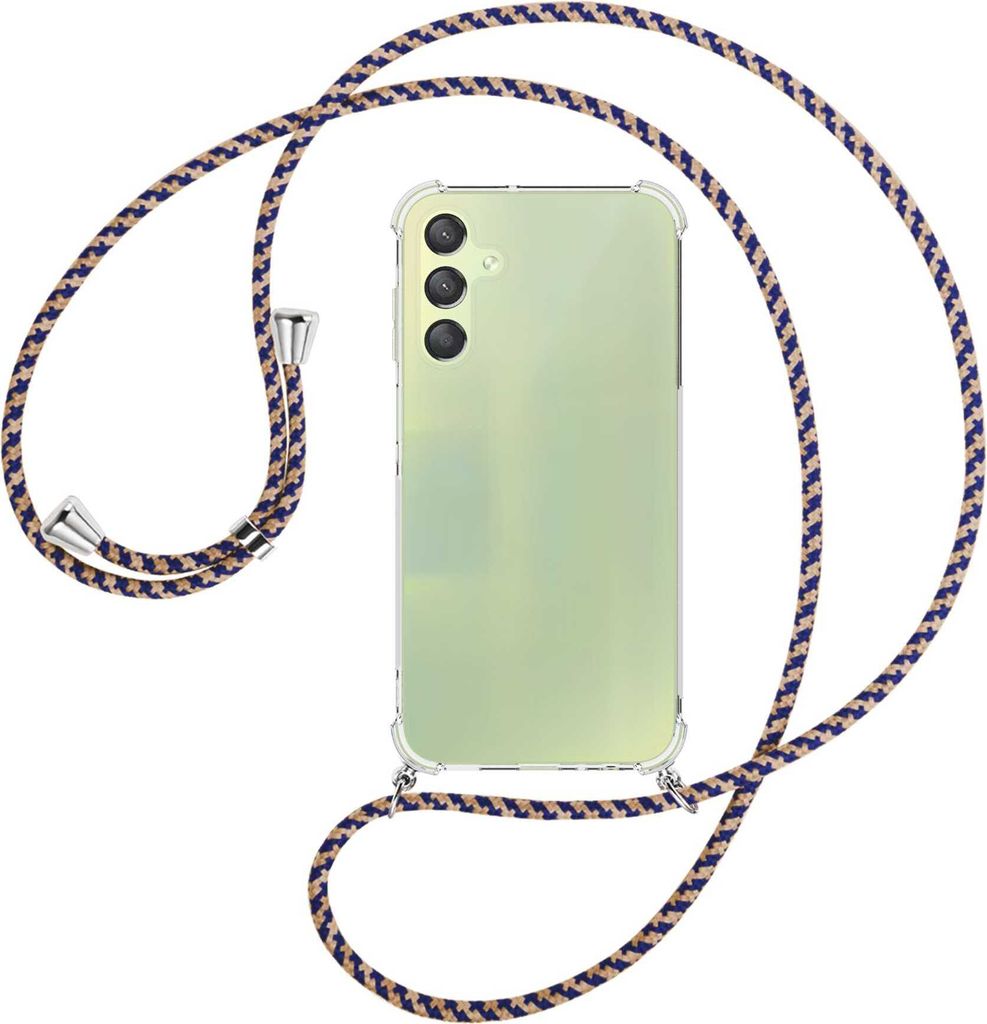Handykette Backcover-Schutzhülle mit Band (Metall silberfarben) für Samsung Galaxy A15 - blau+beige