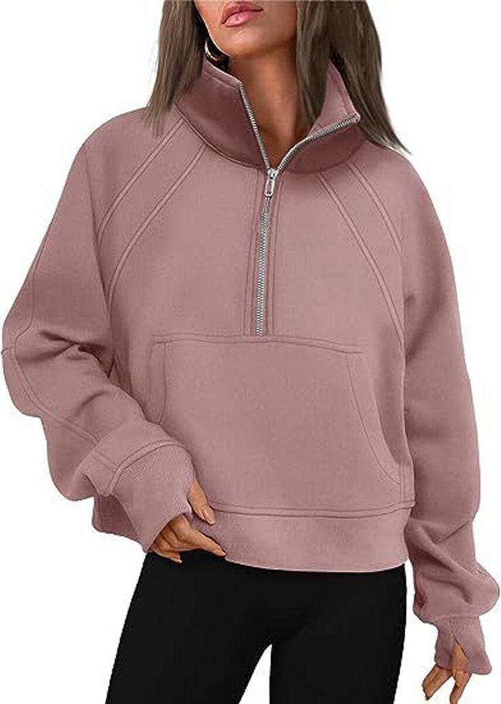 ASKSA Damen Sweatshirt Stehkragen Reissverschluss Pullover Einfarbige Fleece Oberteile, Dunkelpink, L