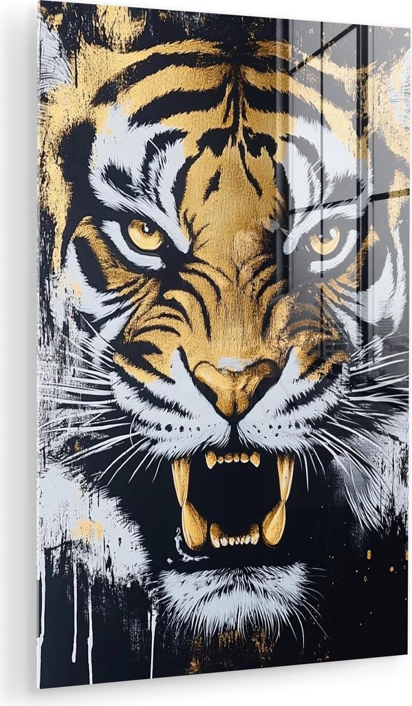 MuchoWow Glasbilder - Bilder auf Wandbild - Foto auf Glas Tiger - Farbspritzer - Gold 20x30 cm Wanddekoration aus Glas - Acrylglasbild - Acrylbilde...