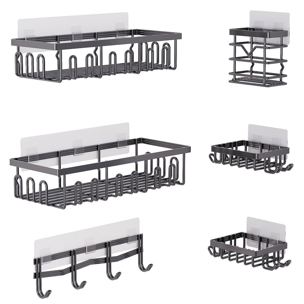 Badregale,Wandmontiertes Badezimmerregal aus Eisen, Multifunktionsregal mit seitlichem Haken, 6er Pack stanzfrei, Toilettenregal,schwarz