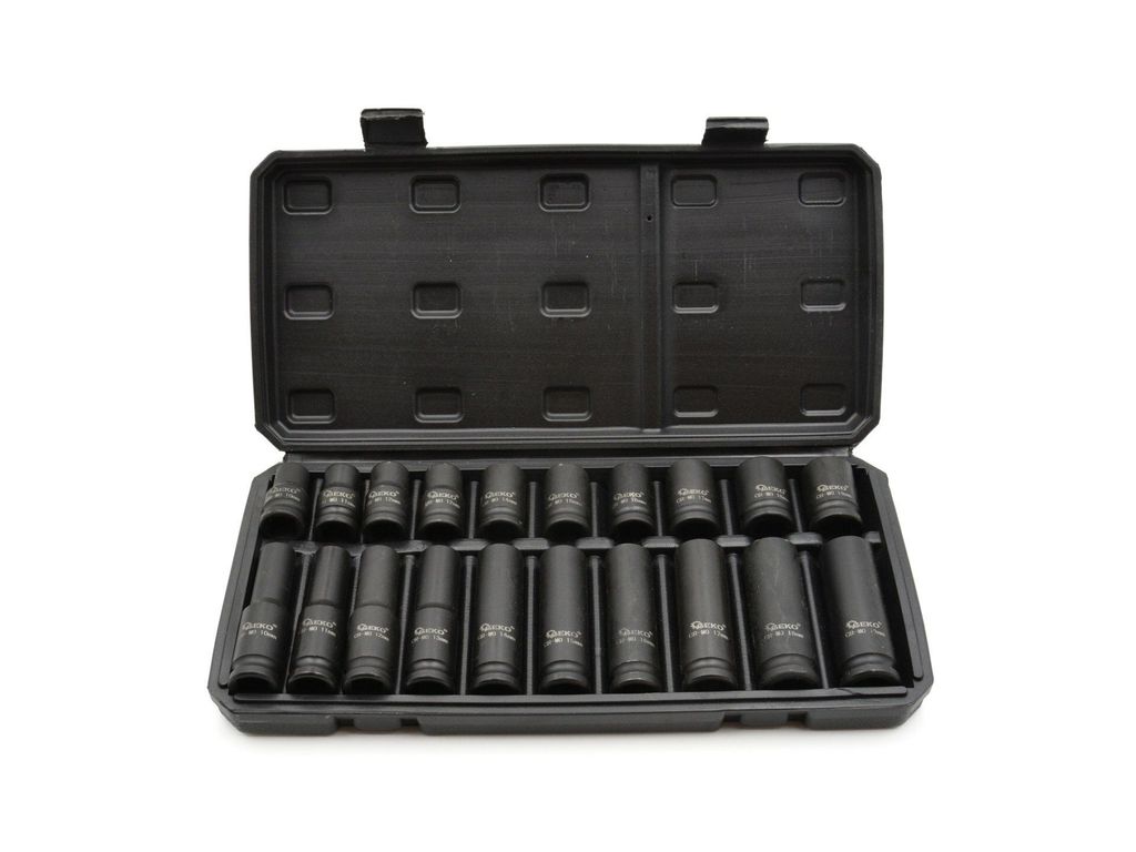 A set of black socket wrenches in an open black case.