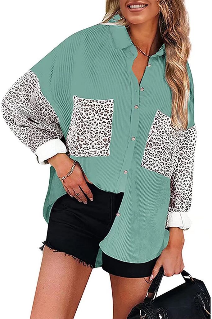 ASKSA Damen Bluse Reverskragen Langarm Shirts Cord Oversized Hemdjacke Knöpfen Cardigan Oberteil, Grün, M