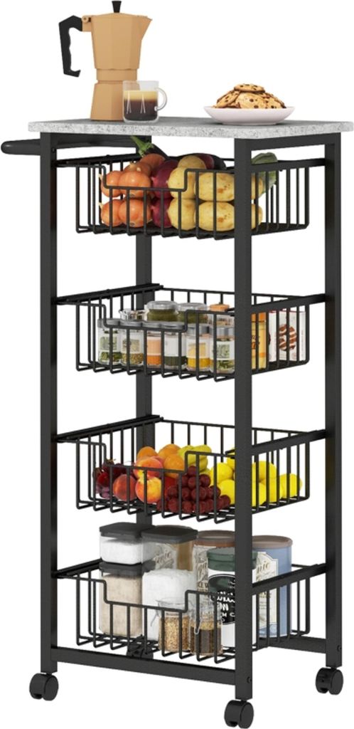 4-stufige Küchenwagen auf Rädern, Rollbarer Servierwagen, Küchen-Trolley mit 4 Stahlkörben, Servierwagen,