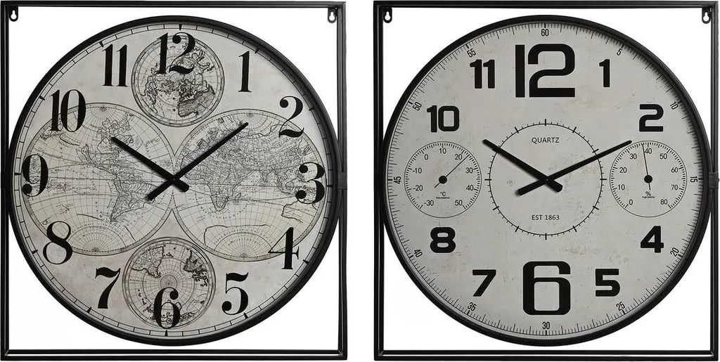 Horloge murale design pour salon et bureau Noir Blanc Bois Métal 2 pcs