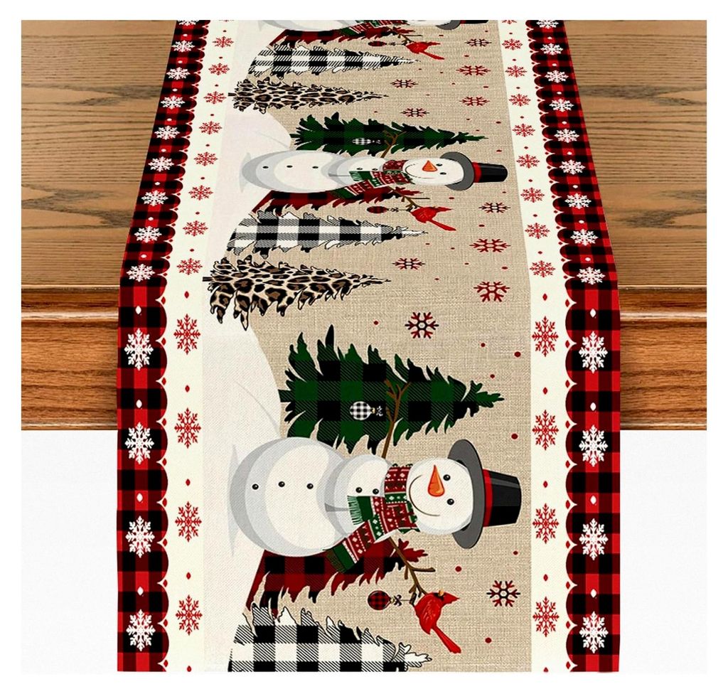 Weihnachtlicher Tischläufer mit Schneemann, Modernes Weihnachtsbaum-Design, Schneeflocken-Muster, 33x180cm
