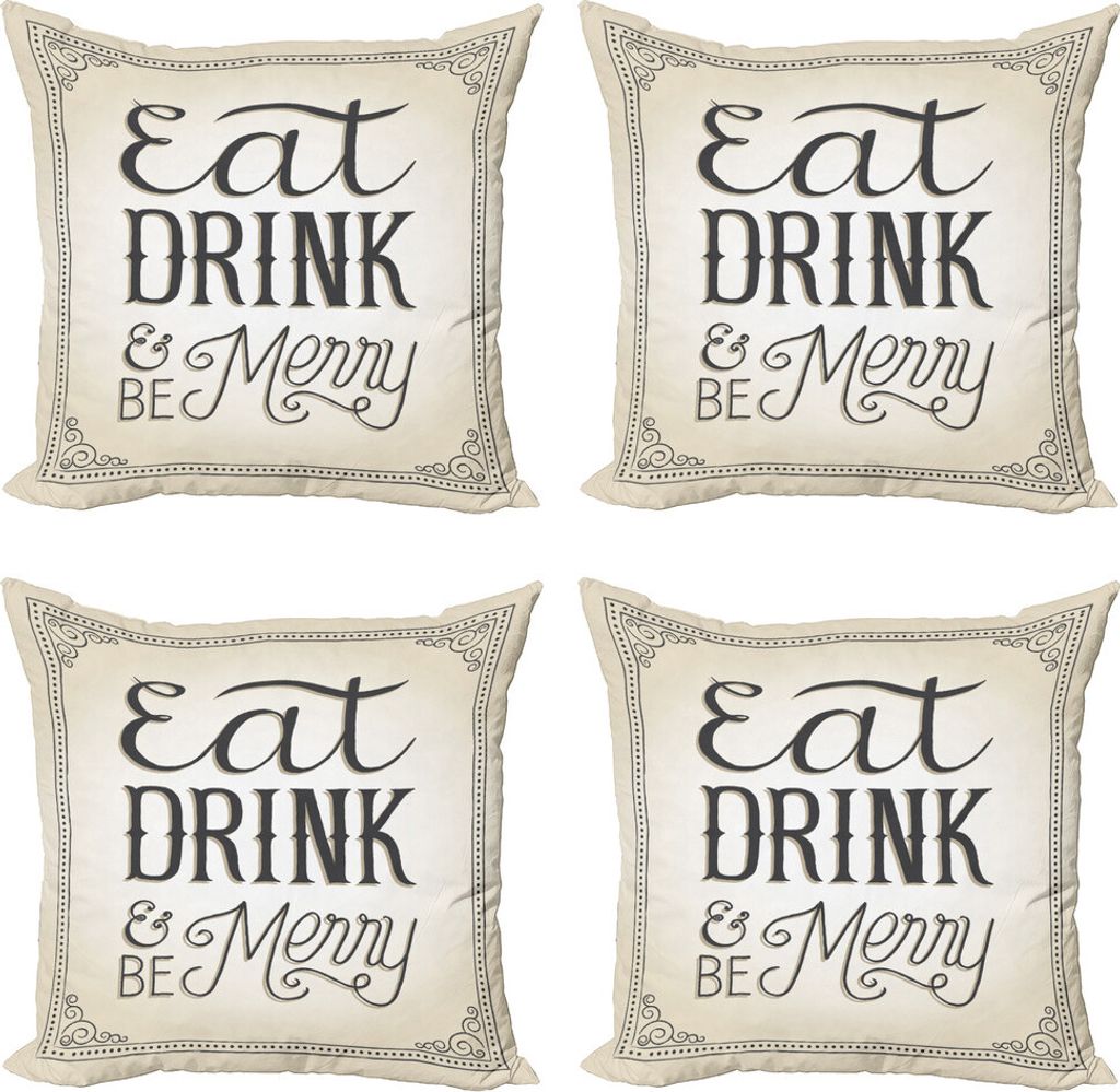 ABAKUHAUS Iss, trink und sei fröhlich Kissenbezug Set (4 Stück), Weinlese Weihnachts, Moderner Doppelseitiger Digitaldruck, 60 cm x 60 cm, Beige ...