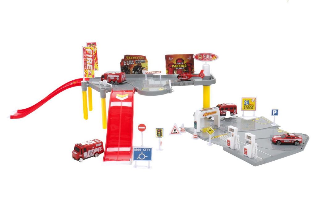 Garagen Spiel-Set Feuerwehr, 2 Etagen mit 2 Rampen, 3 Transporter, Hubschrauber, Einsatzwagen, extra viel Zubehör u.a. 8 Straßenschilder, 2 Tanks...