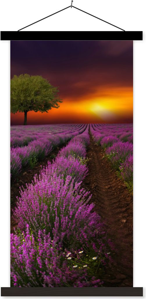 MuchoWow Textilposter Schönes Lavendelfeld an einem dunklen Abend mit Sonnenuntergang 40x80 cm mit schwarzem Rahmen - Wandemalerei