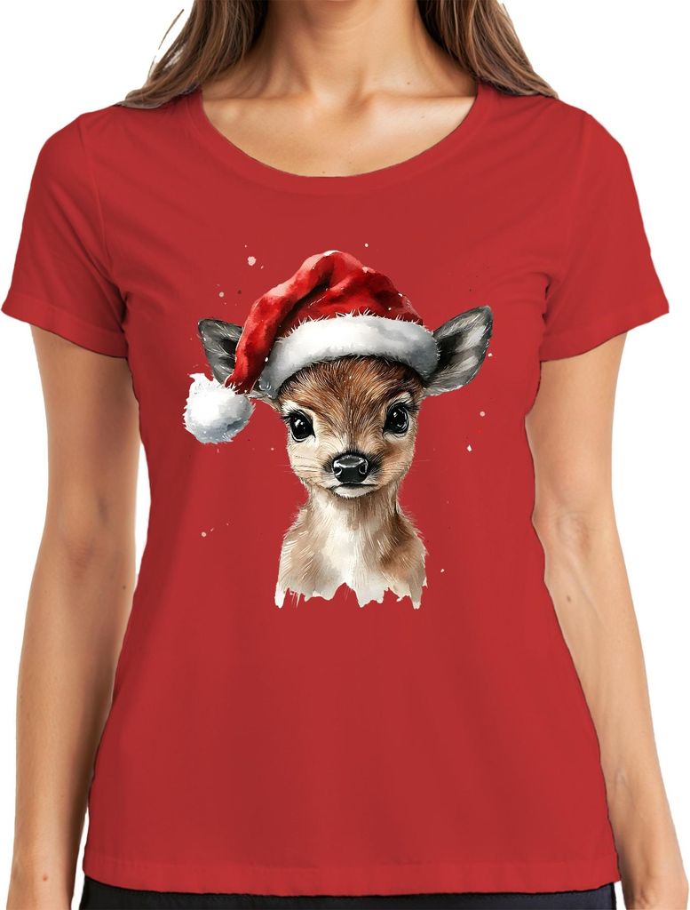 Rehkitz Weihnachten Santa Aquarell niedlich Geschenk Winter Damen T-Shirt, Rot, XXL