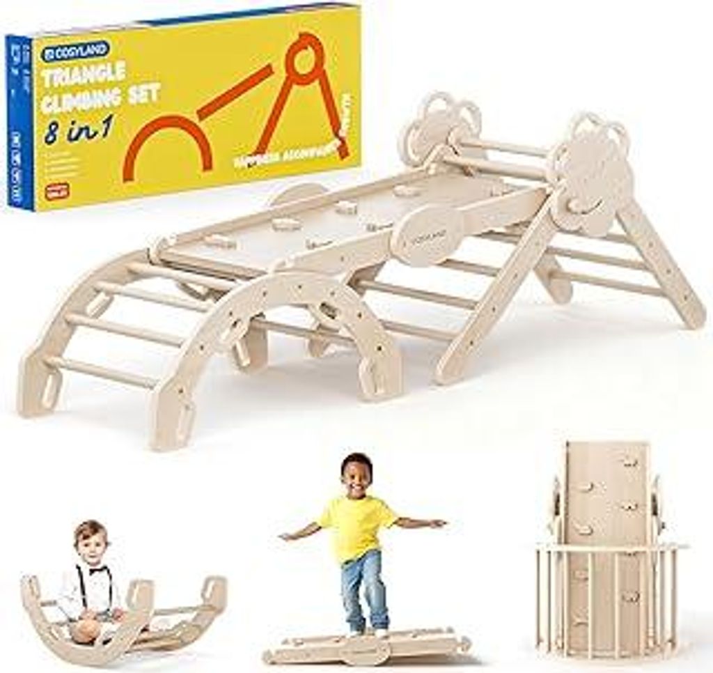 COSYLAND Klettergerüst Indoor L – Großes Kletterdreieck Set mit Kletterbogen & Rutsche – 8-in-1 Massivholz-Spielplatz für Kinder ab 18 Monat...