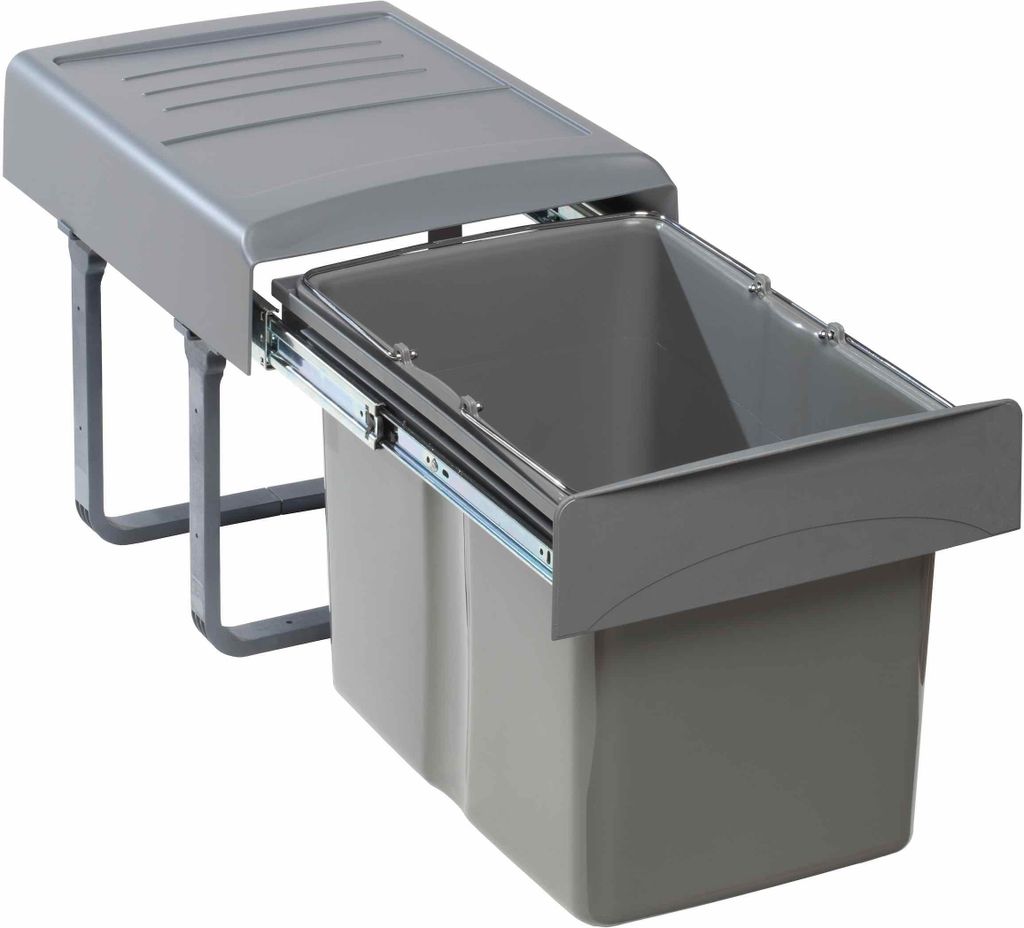 A pull-out trash bin with a lid, mounted on a sliding mechanism.