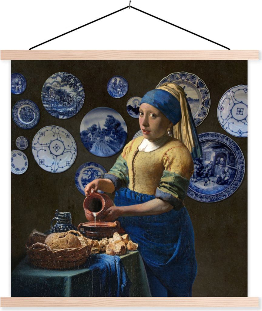 MuchoWow Textilposter Milchmädchen - Das Mädchen mit dem Perlenohrring - Vermeer 60x60 cm mit holzfarbenen Rahmen - Wanddekoration