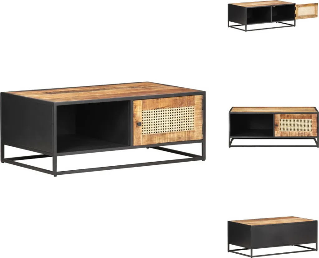 Table de salon rectangulaire vidaXL bois de manguier et cannage 90 cm