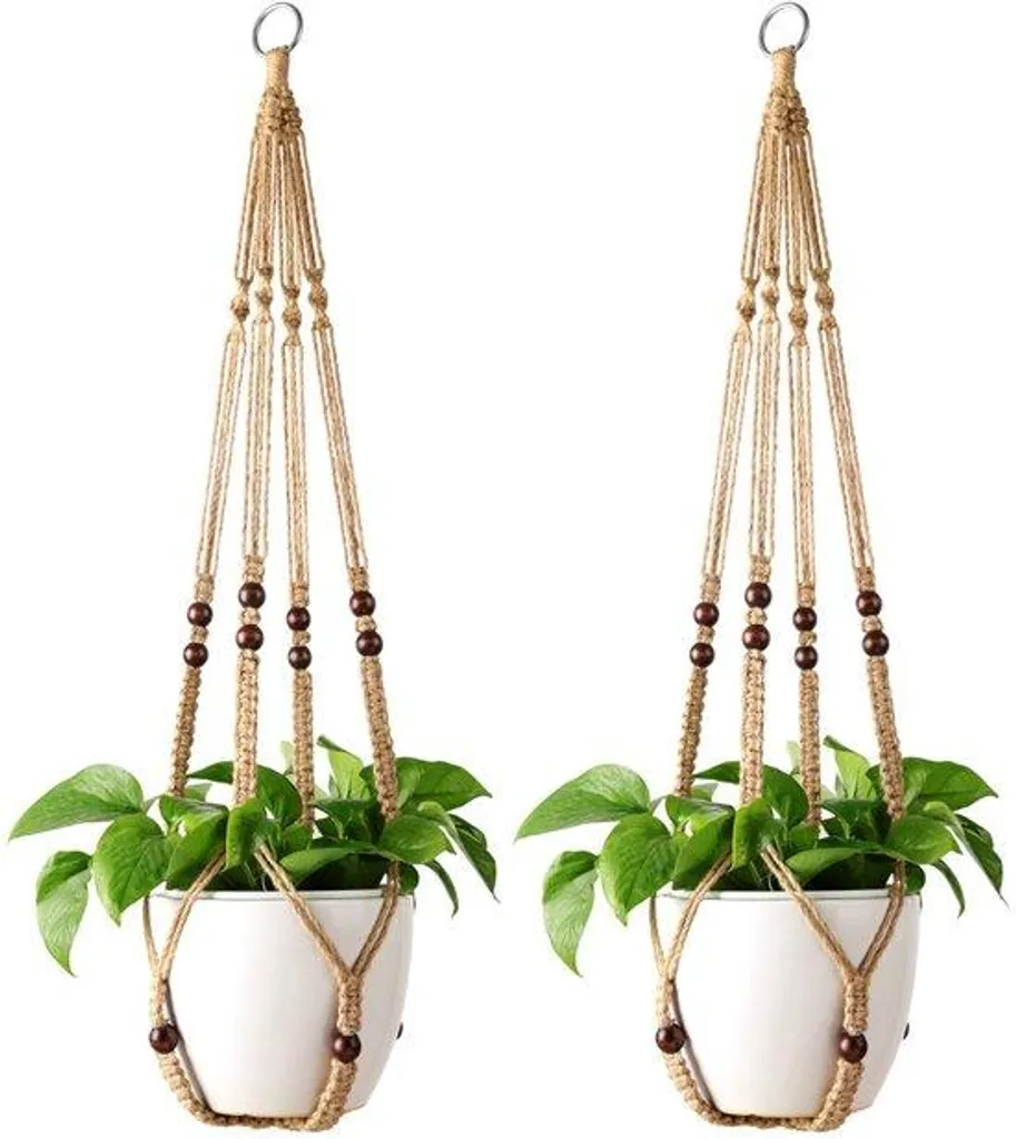Mkouo Lot de 2 Suspension Plante Macramé en Jute avec Perles de 89 cm