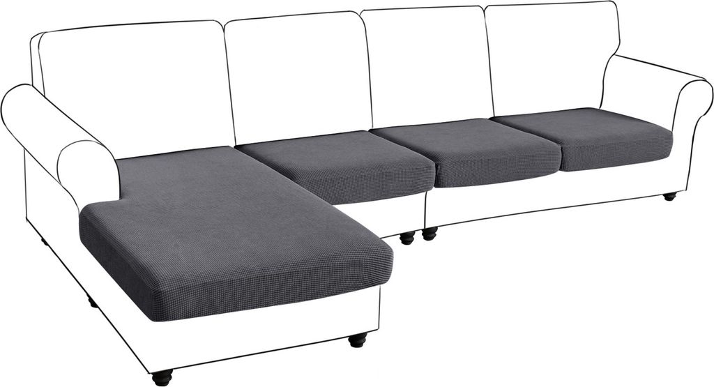 Sofa Sitzkissenbezug 3 Sitzer + Chaise, Stretch Jacquard L-Form Sofa Sitzkissen Sofabezug Schonbezug Sofaschoner, Grau