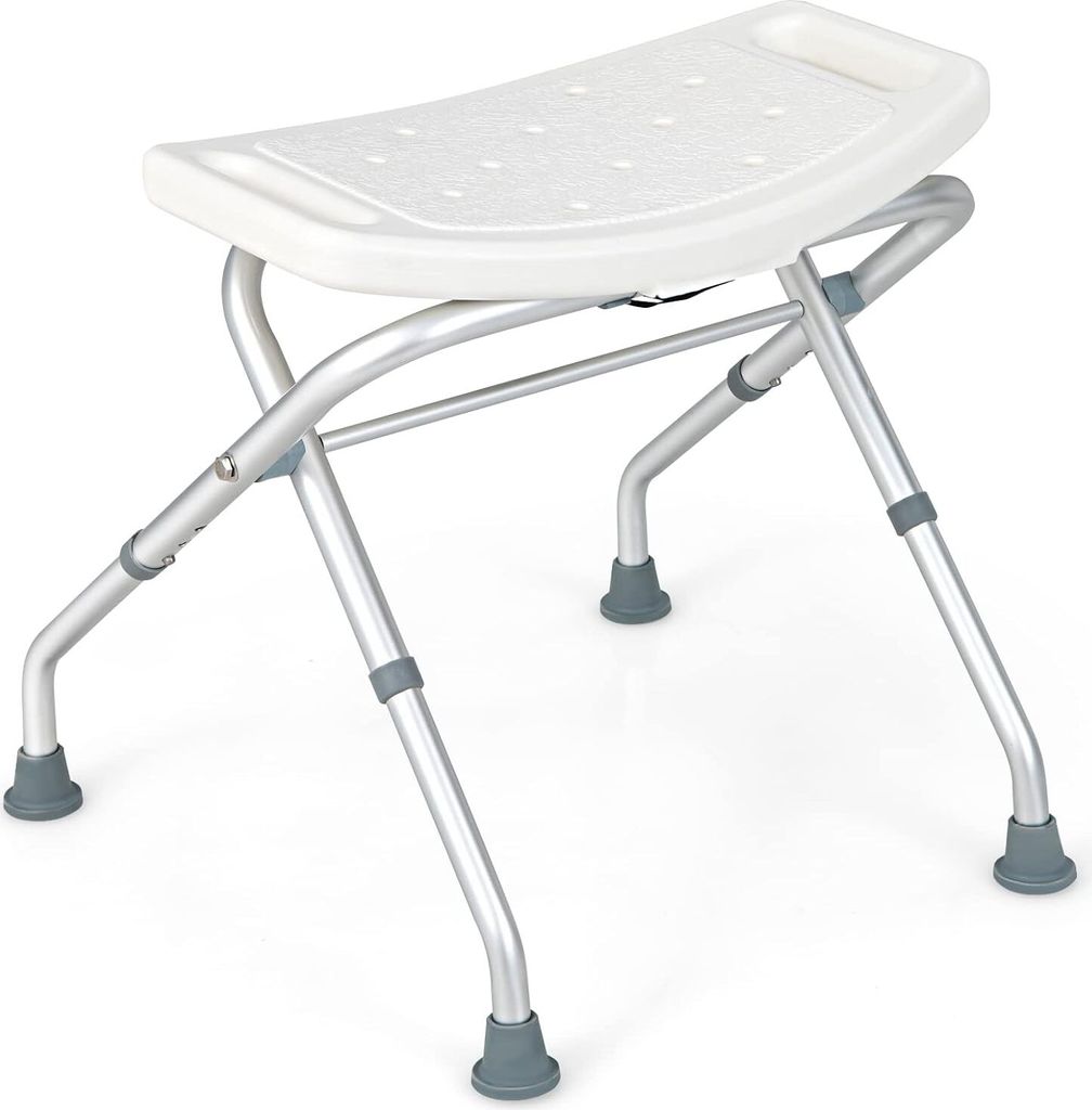 A white shower stool with a curved seat and adjustable aluminum legs with gray rubber feet, shown on a white background.