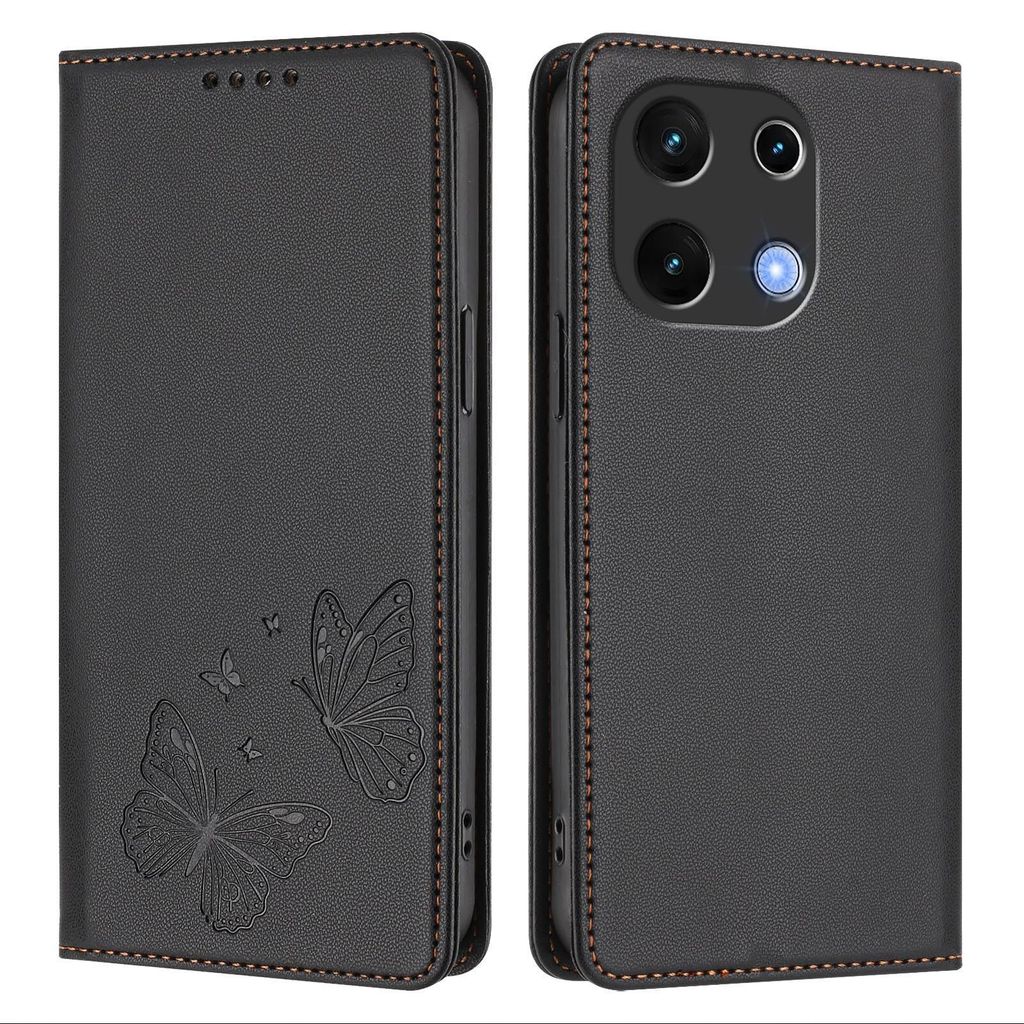 Lederhülle für Umidigi Note 100, Schmetterling Prägung Leder Brieftasche Schutzhülle mit Ständer Schwarz
