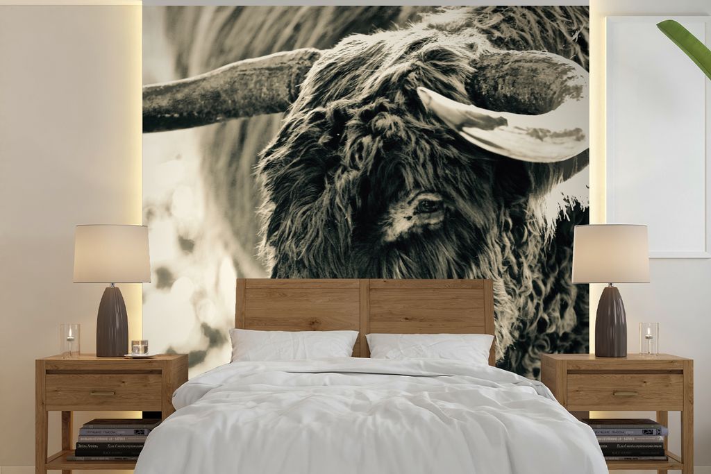 MuchoWow Fototapete für Wohnzimmer oder Schlafzimmer Wandtapete Vinyl Motivtapete Schottischer Highlander - Schnee - Hörner - 350x350 cm - Schl...