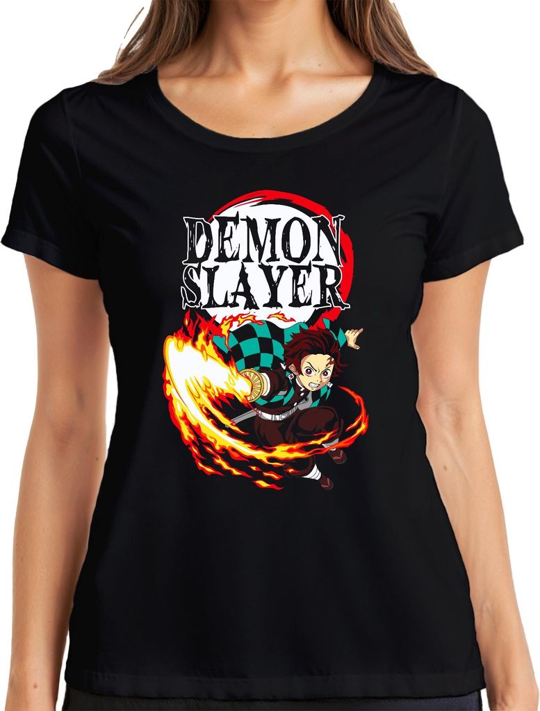 Demon Slayer Tanjiro Kamado Hinokami Kagura Anime Geschenk Damen T-Shirt, Schwarz, L