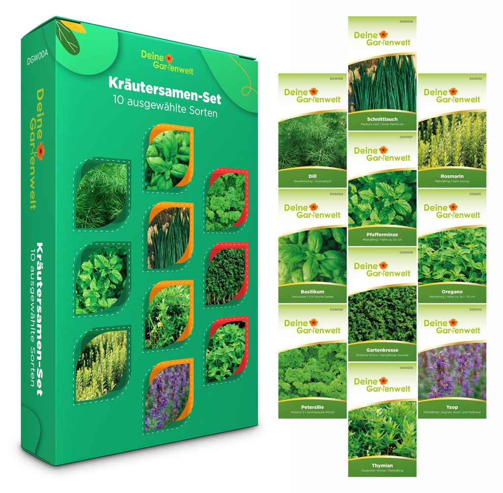 Kräutersamen Set - 10 Sorten Samen - Saatgut Sortiment - Anzuchtset für Küchenkräuter - Geschenkset - Dill, Basilikum, Petersilie, Kressse und ...