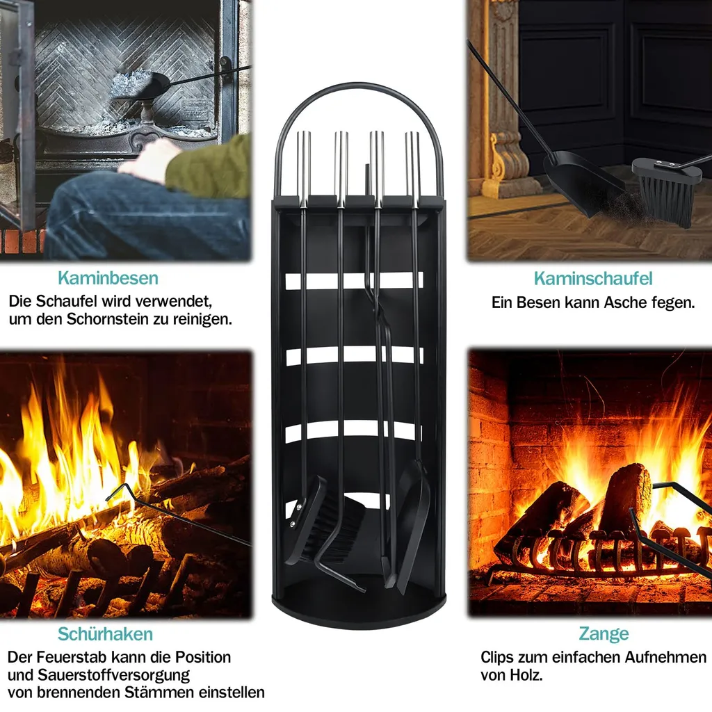 Kit Accessoires Cheminée Moderne 5 Pièces avec Support en Acier Noir