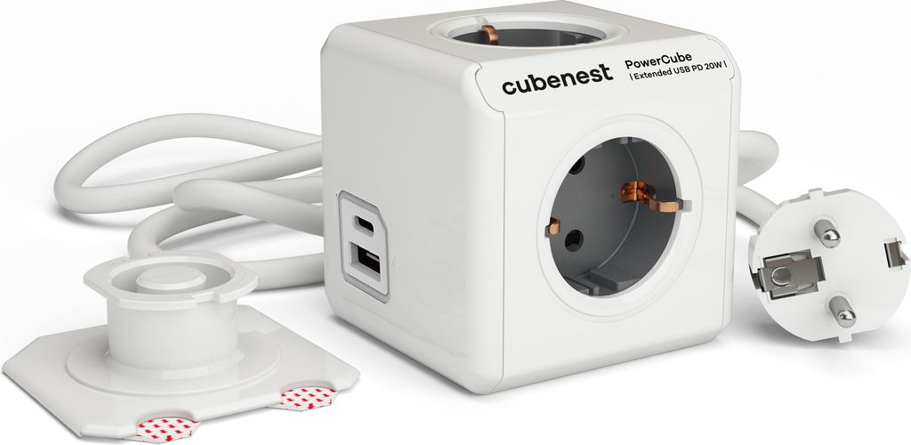 PowerCube Extended USB PD 20W USB-A+C grau, 4x Steckdose, 1,5 m Kabel, Erdung, Überspannungsschutz, max 16A/250V 2500W - F type schuko