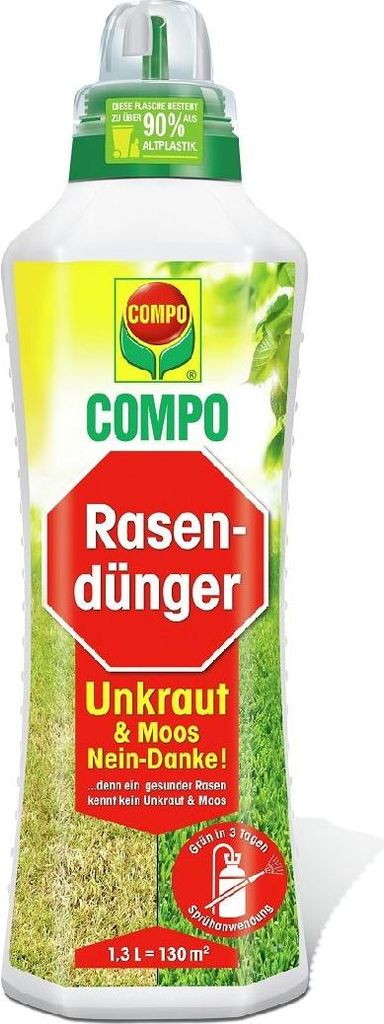 COMPO Flüssiger Rasendünger, Unkraut und Moos Nein-Danke, Für gesunde und sattgrüne Rasen, 1,3 Ltr