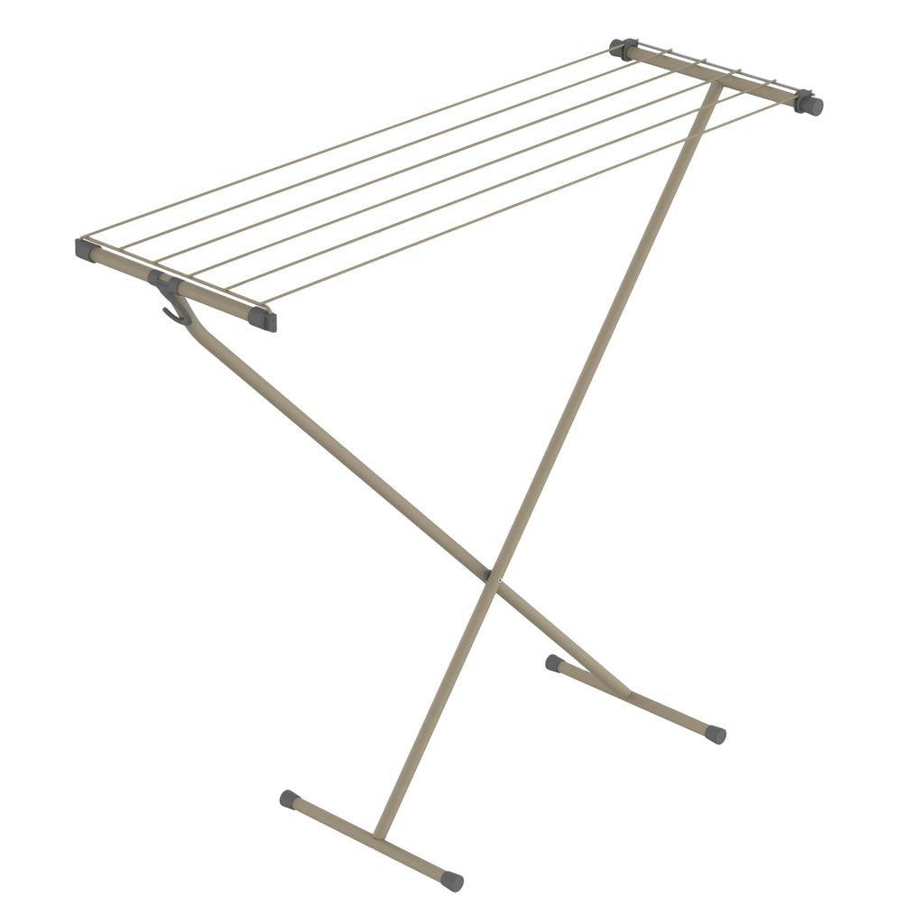 A beige and gray collapsible laundry rack is shown against a white background.