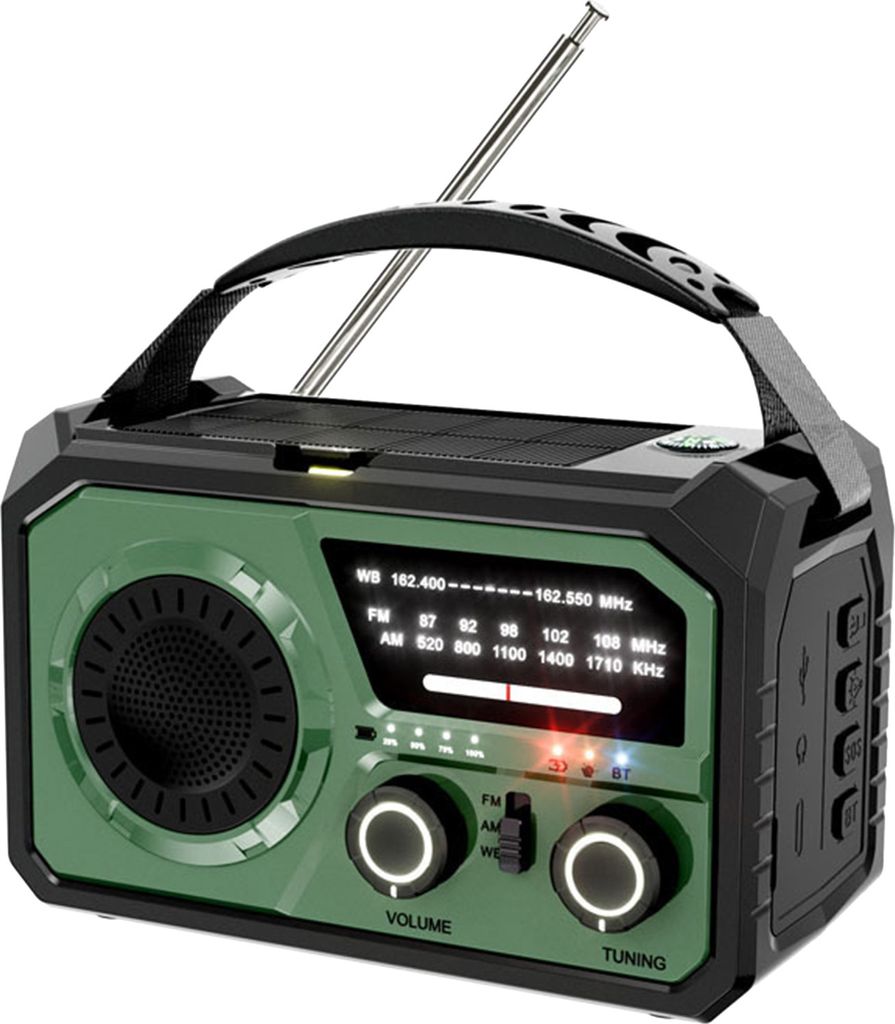 A green and black emergency radio with a solar panel on top and an extendable antenna.