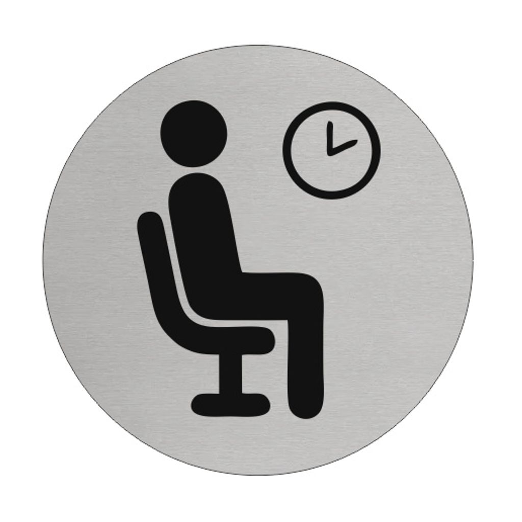 CombiCraft Aluminium Türschild "Wartezimmer" mit sitzendem Piktogramm und Hintergrunduhr, Ø75 mm Durchmesser und doppelseitigem Klebeband