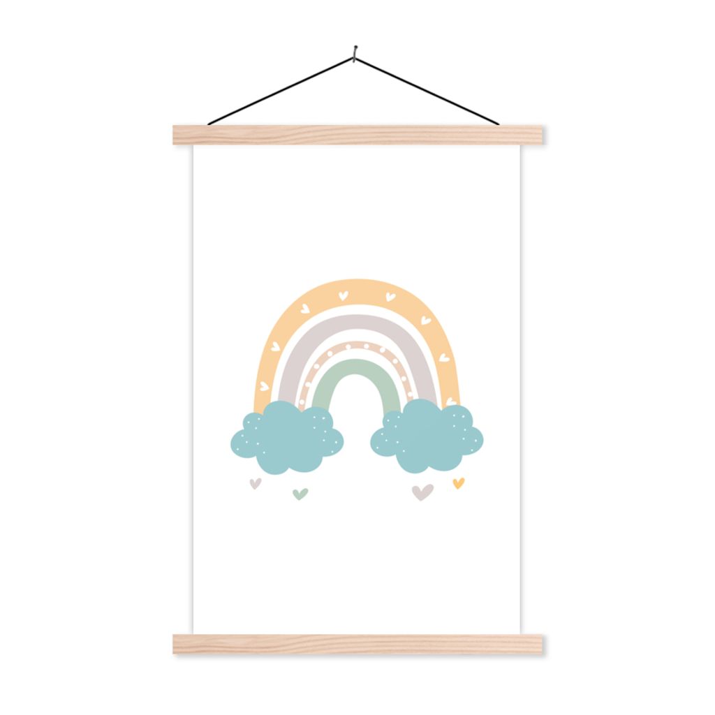 MuchoWow Textilposter Regenbogen - Herzen - Wolken - Punkte - Pastell - Kinder 40x60 cm mit holzfarbenen Rahmen - Poster