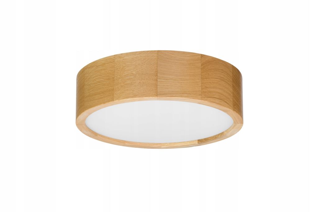 A round, wooden ceiling lamp with a white diffuser.