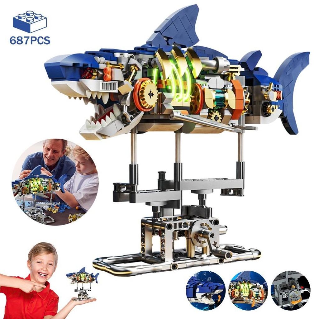 687 Stück Technik Hai Bauspielzeug mit Schwenkbarem Körper & Licht Bausteine Set Kinder Technik Bauspielzeug Hai Bauspielzeug
