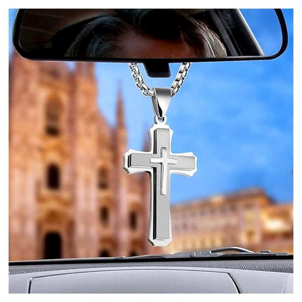 Kreuz Anhänger Für Auto Dekorative Hängedekoration Für Den Rückspiegel Stilvolle Autozubehör Für Den Innenraum Silbernes Kreuz Als Besondere...