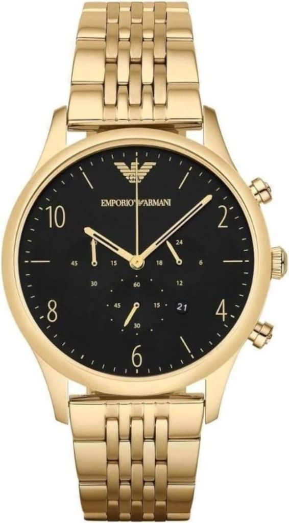 A close-up studio shot of a gold Emporio Armani watch with a black face.