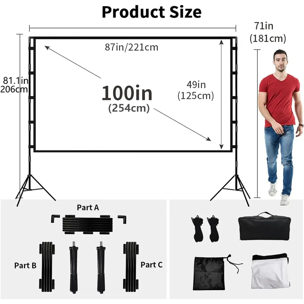 Écran projection 100 pouces sans perçage avec support stable 16:9 HD