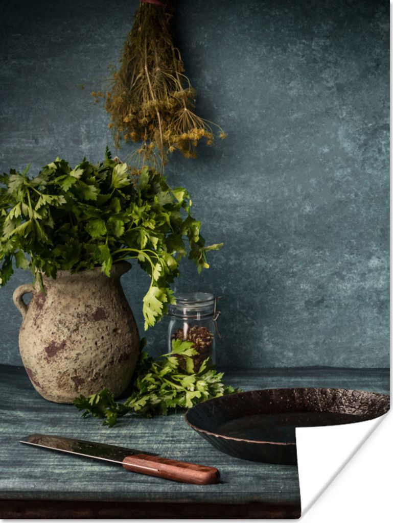 MuchoWow Poster Kräuter - Gewürze - Pfanne - Messer - Grau - Rustikal 120x160 cm - Wandbilder