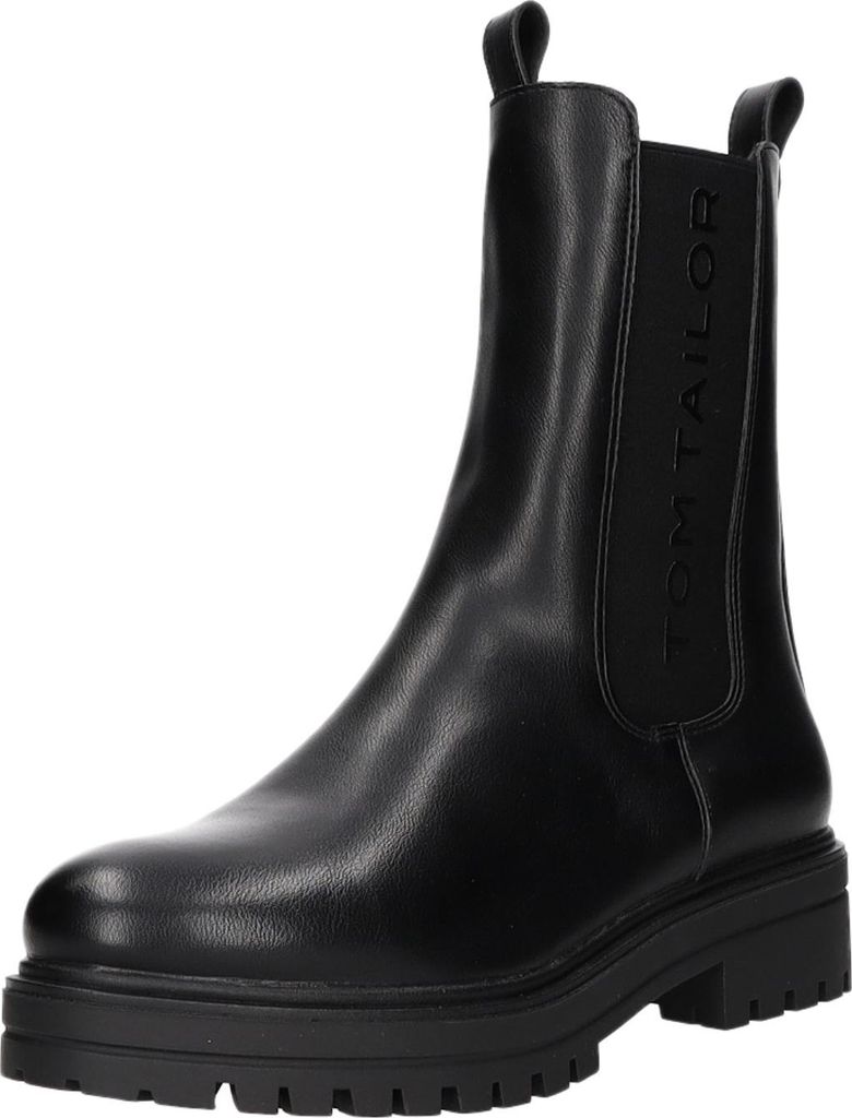 A studio shot of a black Chelsea boot.