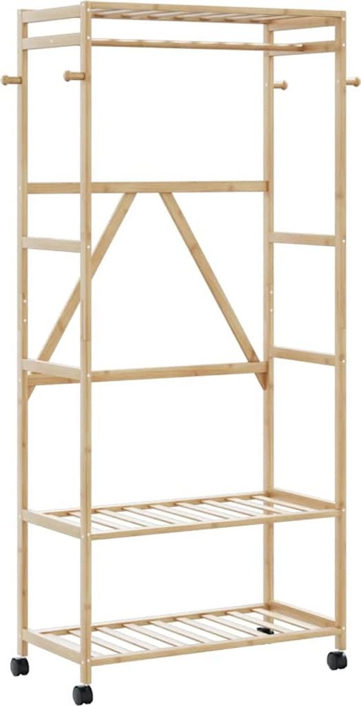 "2026 Promotion" Kleiderständer mit Ablagen und Rollen 90x40x179,5 cm Bambus - Garderobenständer CC23394