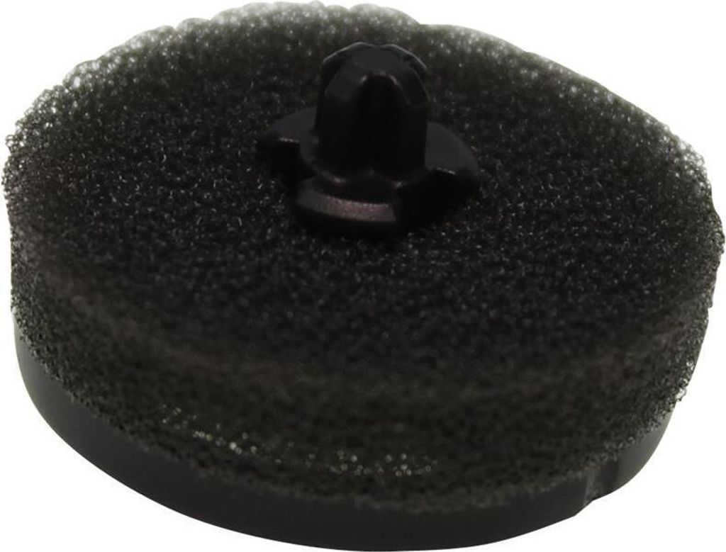 A close-up of a black foam filter with a black plastic attachment.