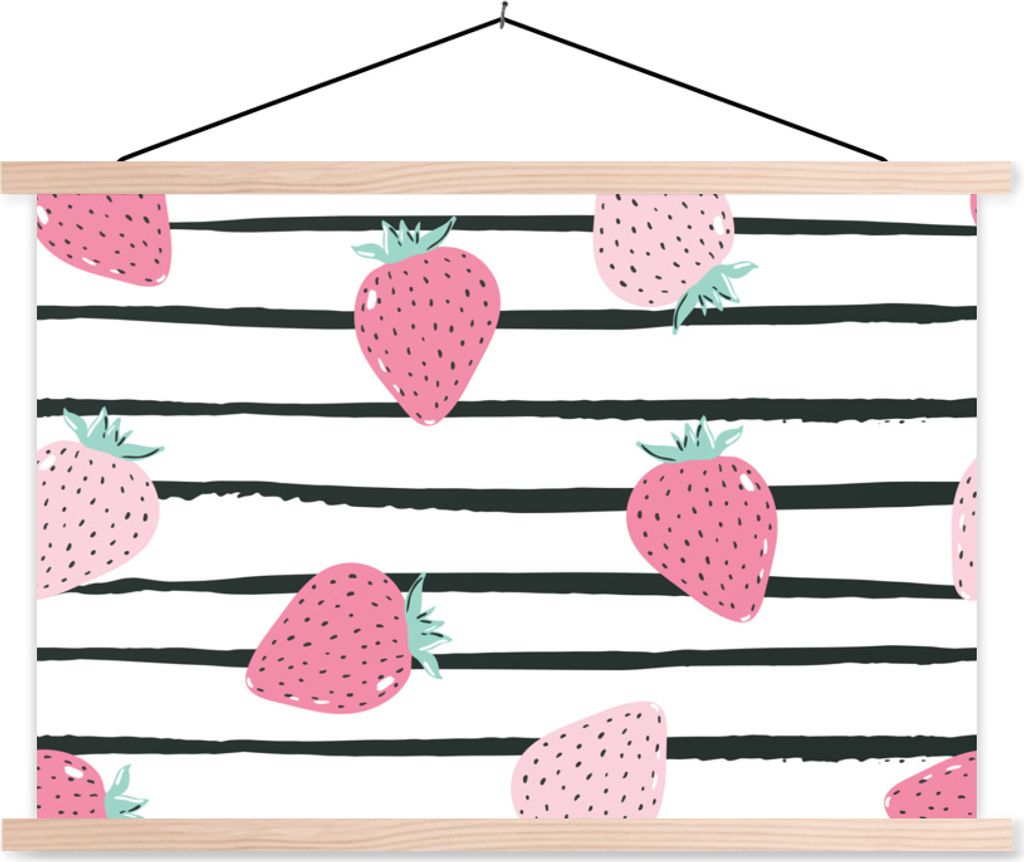MuchoWow Textilposter Sommer - Erdbeeren - Pastell 120x80 cm mit holzfarbenen Rahmen - Aufhängeset
