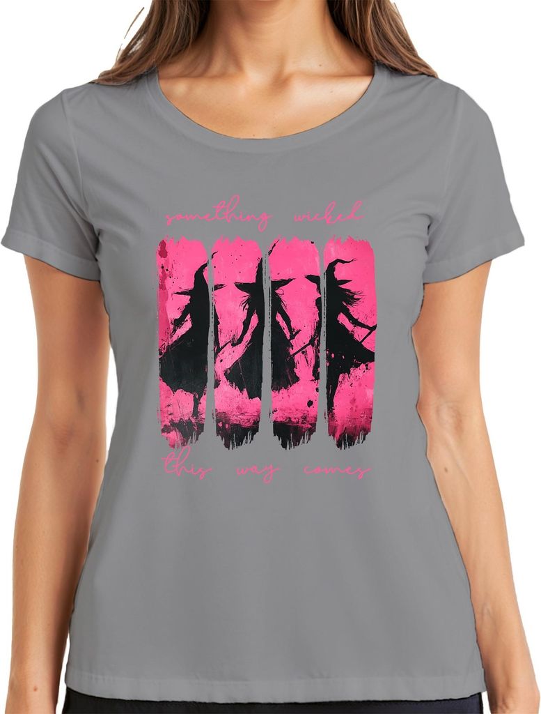 Something Wicked This Way Halloween Hexe Hexen Pink Grunge Gothic Damen T-Shirt, Grau, L