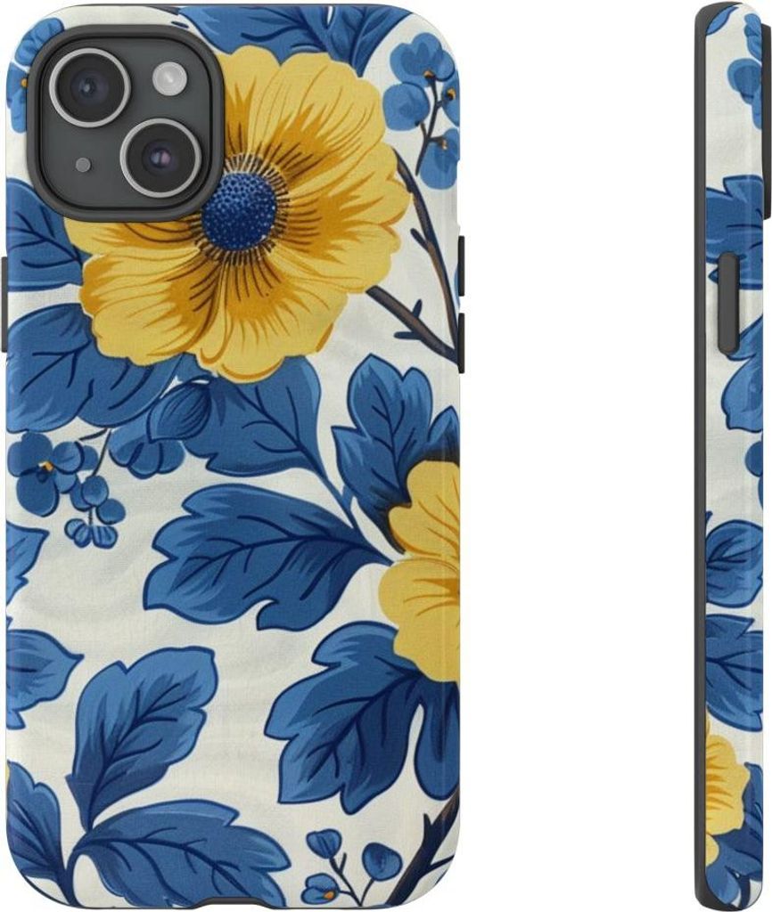 Blau-gelbes Blumenmuster – Hülle Kompatibel mit iPhone 15 Plus