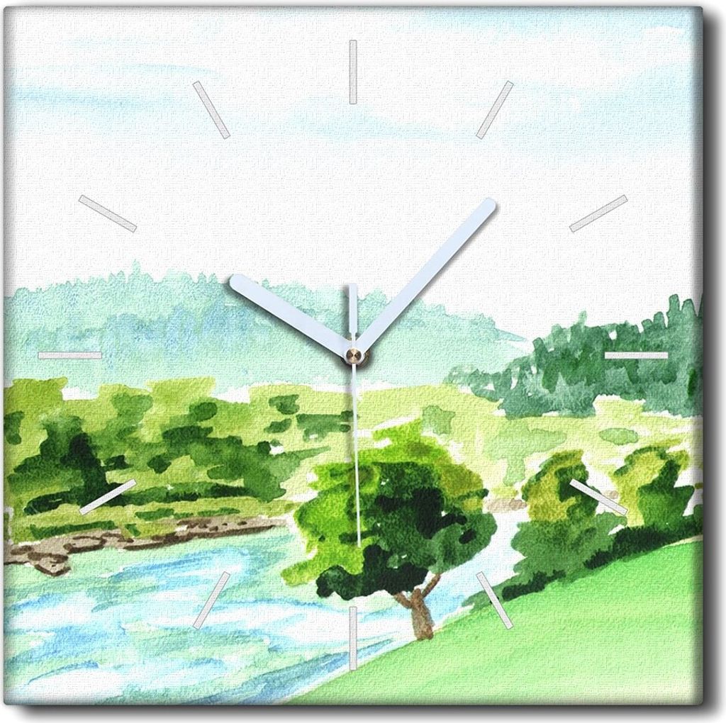 Coloray Uhr auf Leinwand 30x30 cm Wand Uhr Dekoration Wohnzimmer Segeltuch weiße Zeiger -River Aquarell Landschaft.