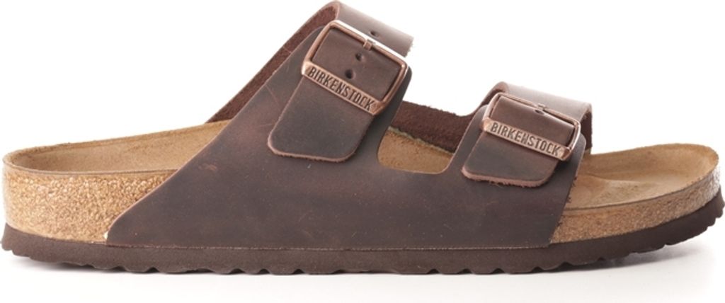 A side view of a brown Birkenstock Arizona sandal.