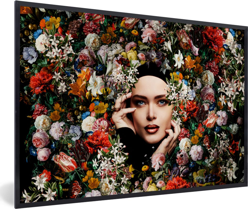 MuchoWow Gerahmtes Poster Blume - Frauen - Porträt - Botanisch 90x60 cm - Poster mit Schwarzem Bilderrahmen Wandposter Rahmen Foto Bilder - Foto...