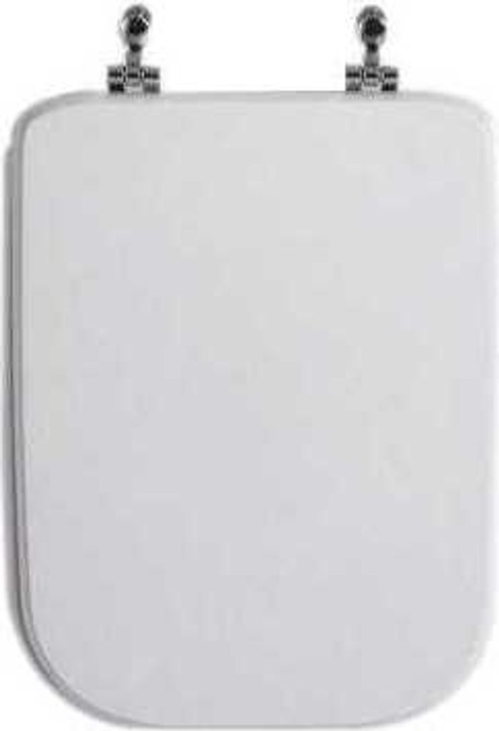 A white toilet seat with chrome hinges.